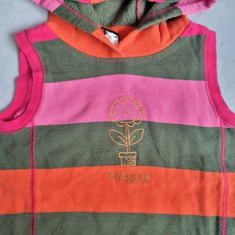 VTG Baby GAP 3T Y2K Striped‎ Hooded Vest Pullover Green Pink Orange